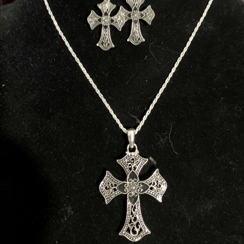 Silvertone Cross Necklace and Earring Set